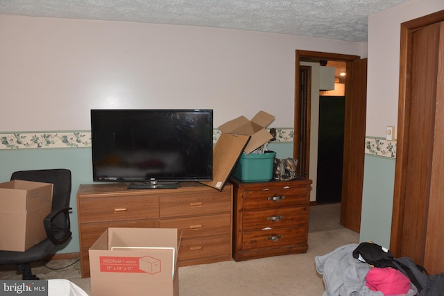 carpeted bedroom with a textured ceiling