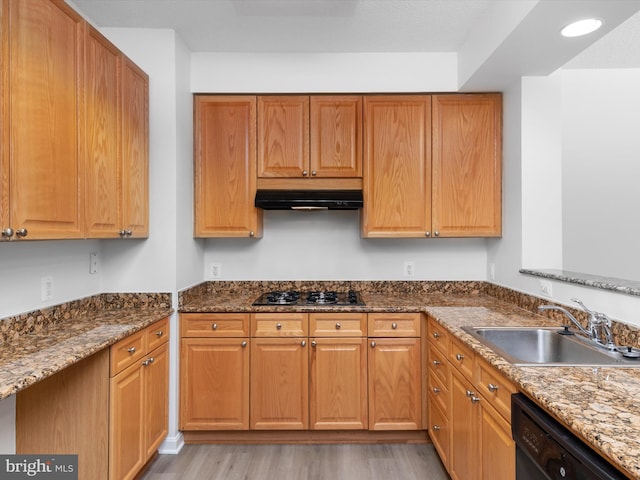 kitchen featuring stone countertops, light hardwood / wood-style floors, black appliances, and sink