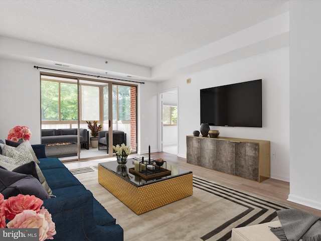 living room featuring light hardwood / wood-style floors and a textured ceiling