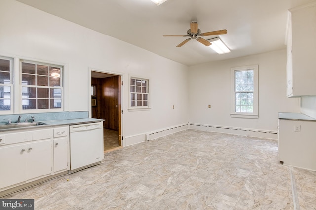 kitchen with white cabinetry, dishwasher, light tile patterned floors, and ceiling fan