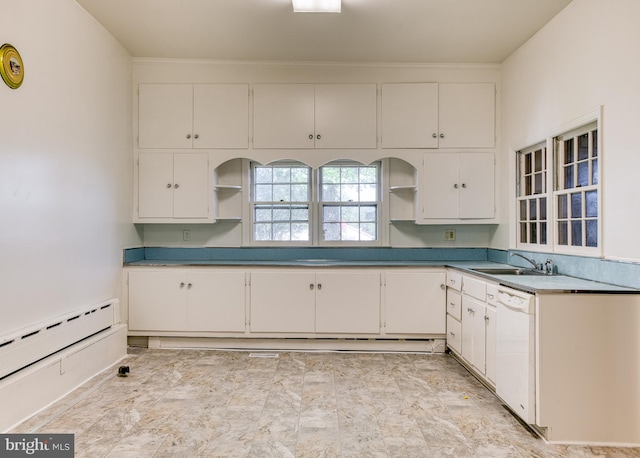 kitchen featuring white cabinets, white dishwasher, sink, light tile patterned floors, and a baseboard heating unit