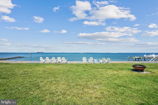 property view of water with a dock and an outdoor fire pit