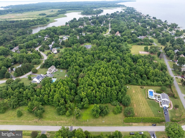 drone / aerial view with a water view