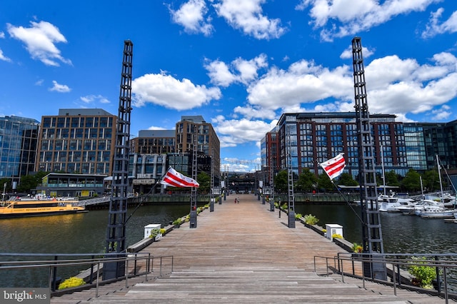 view of dock with a water view