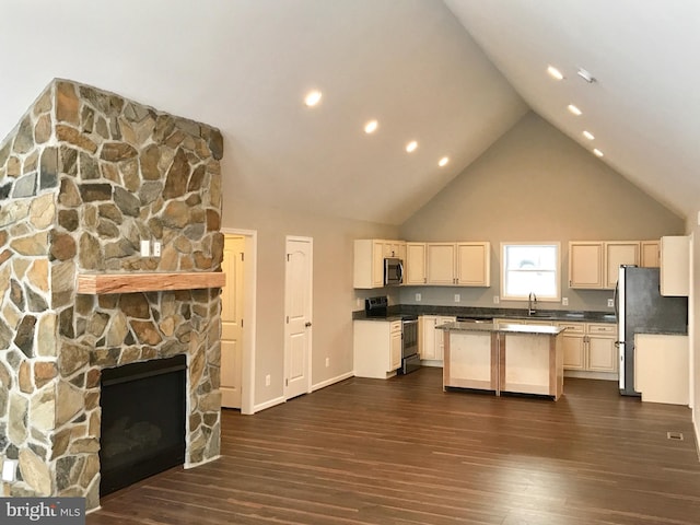 kitchen featuring appliances with stainless steel finishes, high vaulted ceiling, a center island, dark hardwood / wood-style floors, and a stone fireplace