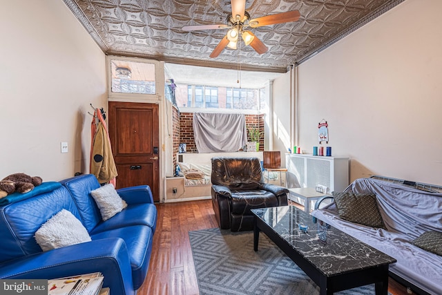 living room featuring ceiling fan, crown molding, and dark wood-type flooring