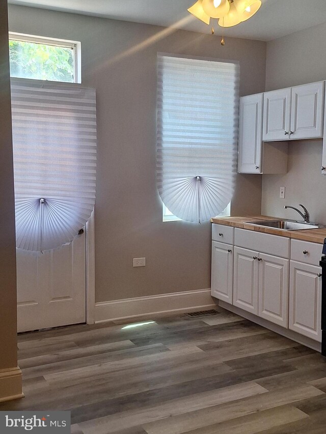 kitchen with dark hardwood / wood-style floors, sink, and white cabinets