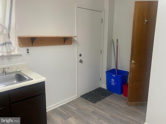 washroom with hardwood / wood-style floors and sink