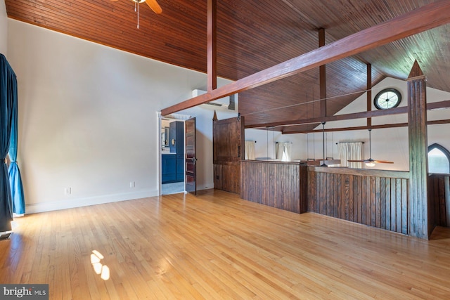 interior space with high vaulted ceiling, ceiling fan, light wood-type flooring, beamed ceiling, and wood ceiling