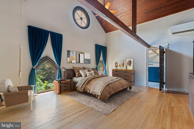 bedroom with beam ceiling, wooden ceiling, light hardwood / wood-style flooring, high vaulted ceiling, and a wall mounted AC