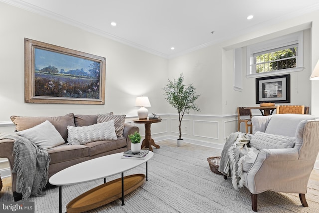 living room featuring crown molding