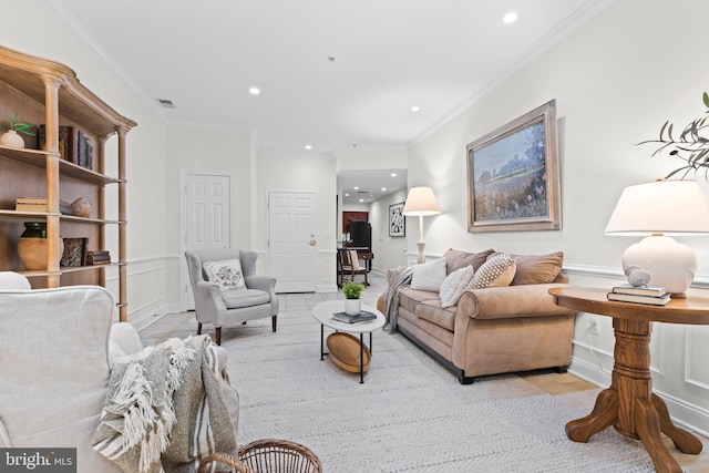 living room with crown molding