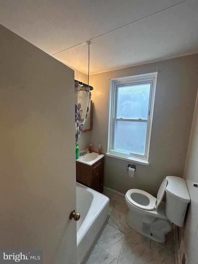 bathroom featuring a bathing tub, vanity, and toilet