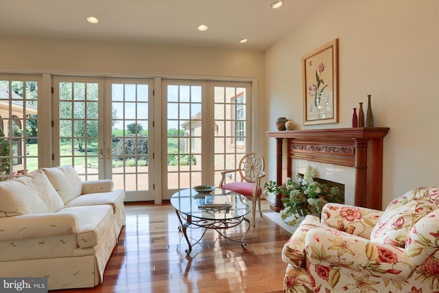 interior space featuring a fireplace, french doors, and light wood-type flooring