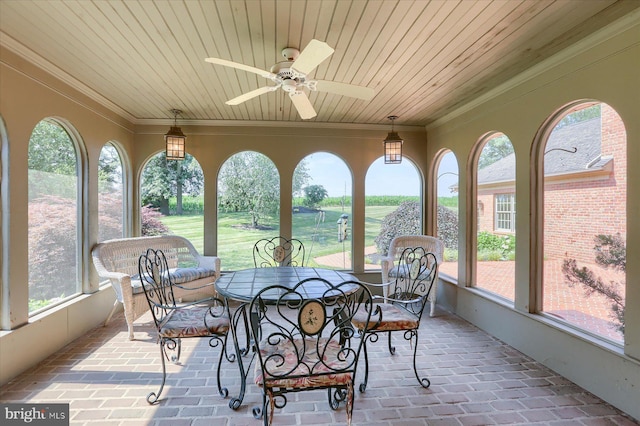 sunroom featuring ceiling fan and wood ceiling