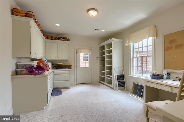 interior space featuring heating unit, light colored carpet, and a wealth of natural light