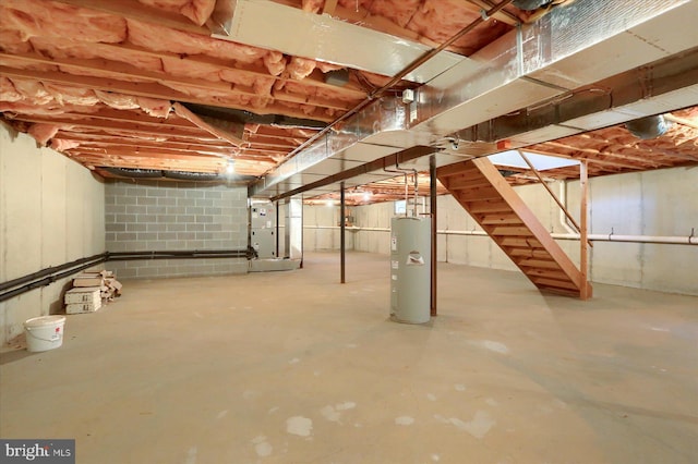 basement with heating unit and water heater