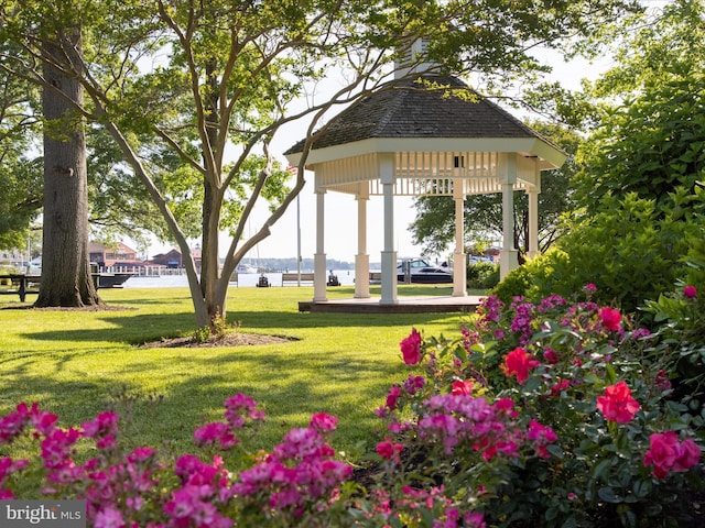 view of community featuring a gazebo and a yard