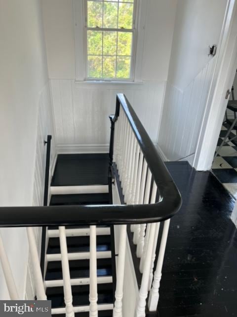 stairway with hardwood / wood-style floors