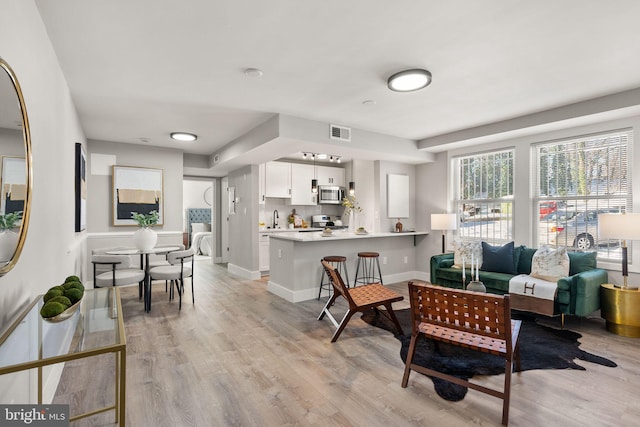 living room with sink and light hardwood / wood-style flooring