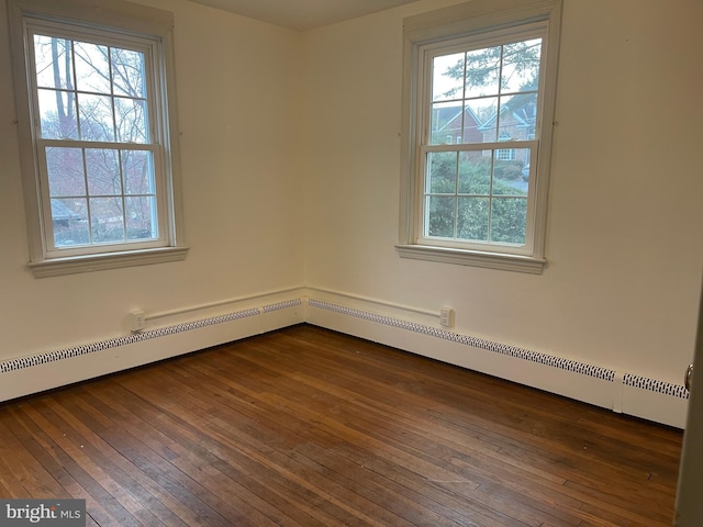 empty room featuring dark hardwood / wood-style flooring and baseboard heating