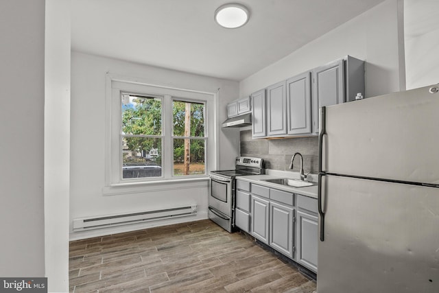 kitchen featuring decorative backsplash, gray cabinetry, stainless steel appliances, sink, and a baseboard radiator