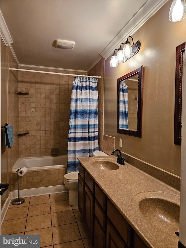 full bathroom featuring tile patterned flooring, vanity, crown molding, and shower / bath combination with curtain