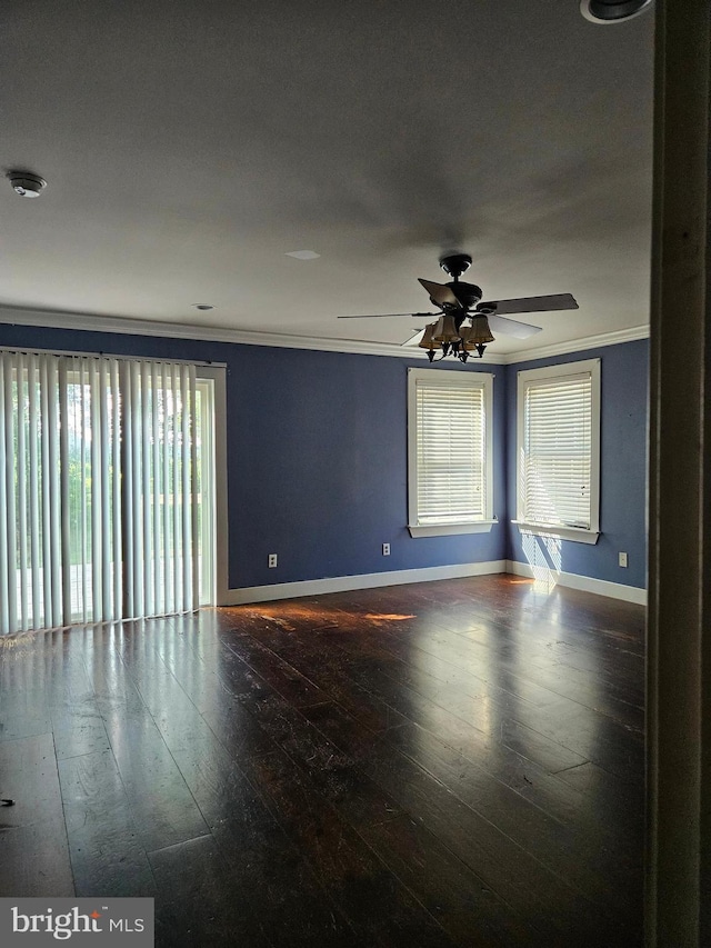 empty room featuring crown molding, ceiling fan, and hardwood / wood-style floors