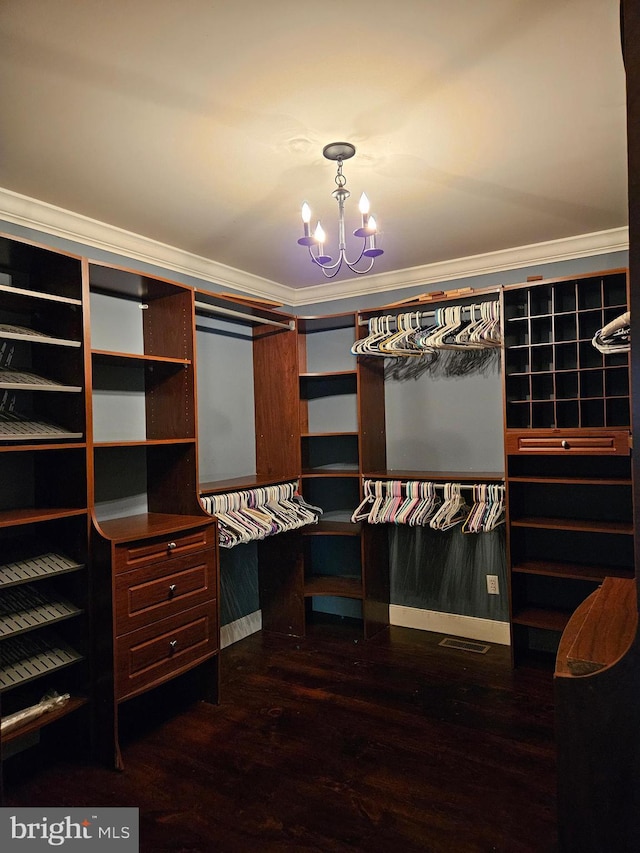 walk in closet featuring hardwood / wood-style floors and a notable chandelier