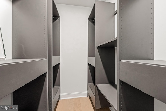 walk in closet with light hardwood / wood-style flooring