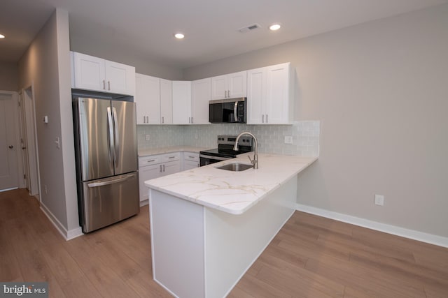 kitchen with stainless steel appliances, white cabinetry, backsplash, and kitchen peninsula