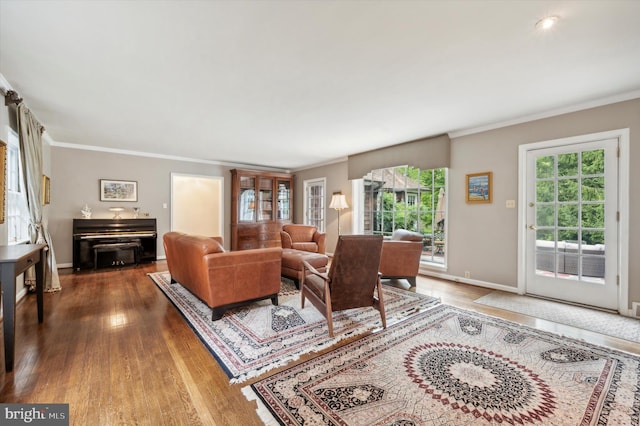 living room featuring crown molding and hardwood / wood-style flooring