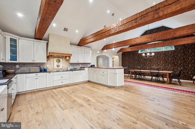 kitchen with kitchen peninsula, pendant lighting, white cabinetry, and custom exhaust hood