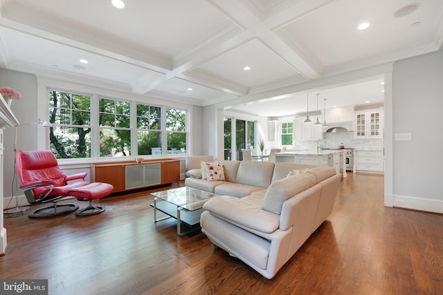 living room featuring plenty of natural light, beam ceiling, dark hardwood / wood-style flooring, and coffered ceiling