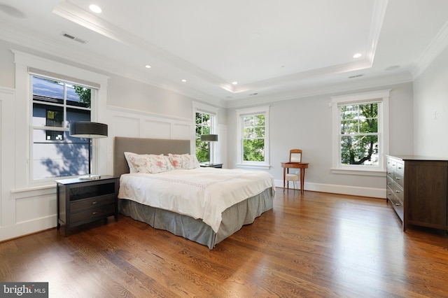 bedroom with a raised ceiling, dark wood-type flooring, and multiple windows