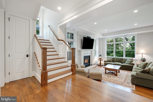 living room with hardwood / wood-style floors, crown molding, a high end fireplace, and a tray ceiling