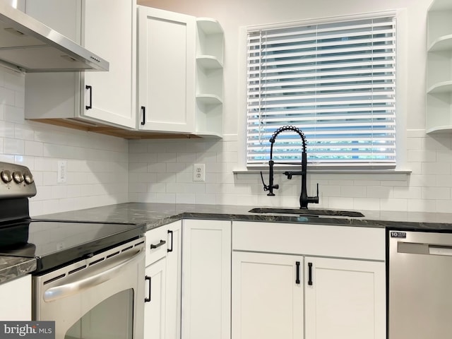 kitchen featuring white cabinets, stainless steel appliances, sink, and exhaust hood