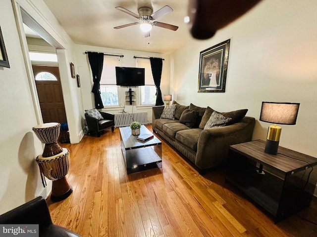 living room with light hardwood / wood-style flooring and ceiling fan