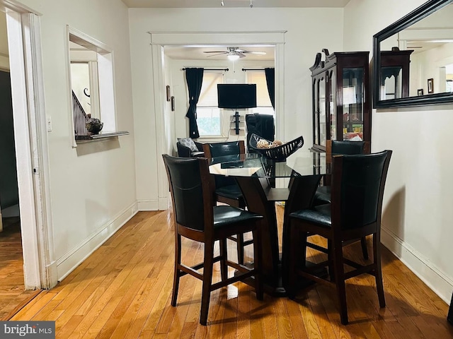 dining area with light hardwood / wood-style flooring and ceiling fan