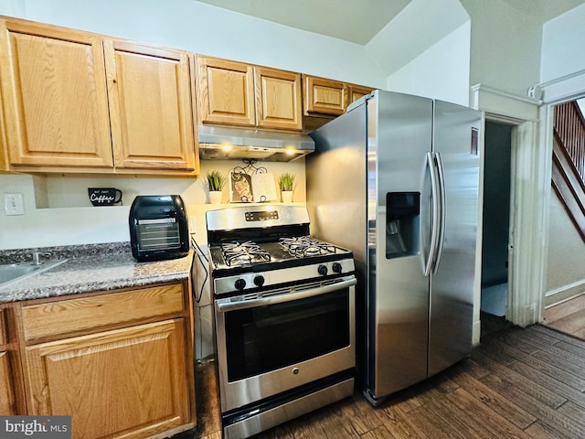 kitchen featuring stainless steel appliances, dark hardwood / wood-style flooring, and stone countertops