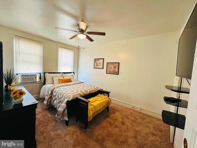 carpeted bedroom featuring ceiling fan and cooling unit