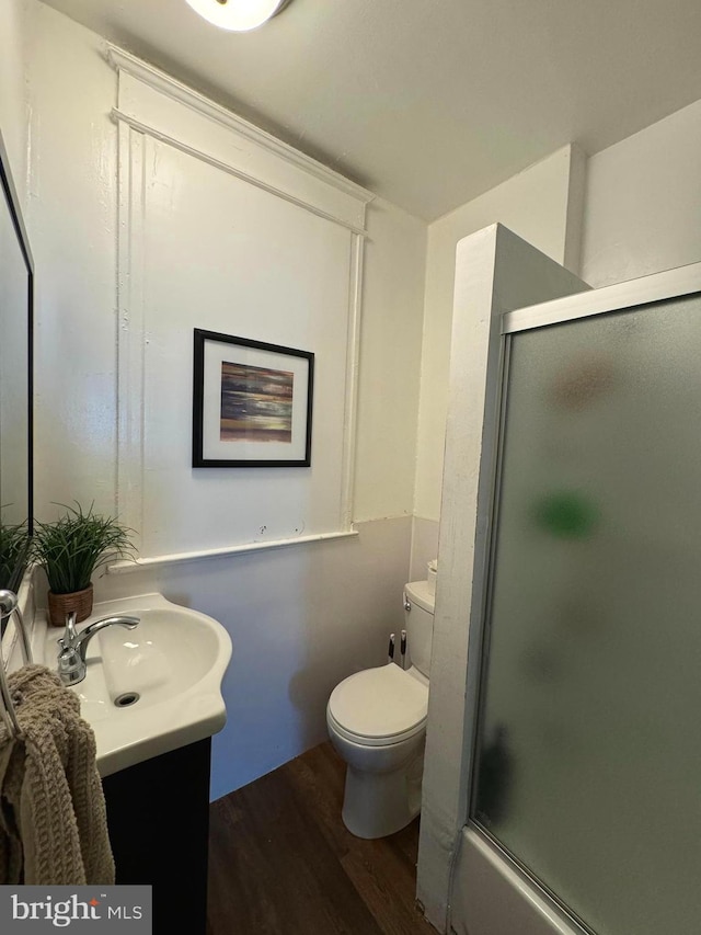 bathroom featuring vanity, toilet, and wood-type flooring