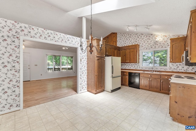 kitchen featuring vaulted ceiling, a healthy amount of sunlight, sink, dishwasher, and white fridge