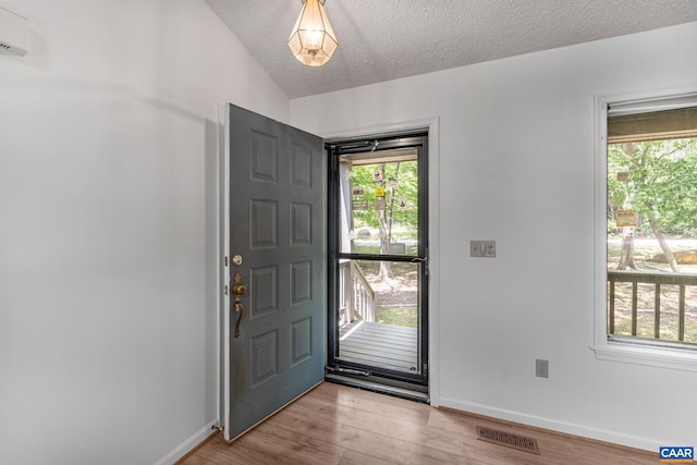 foyer featuring a textured ceiling, light wood-type flooring, vaulted ceiling, and plenty of natural light