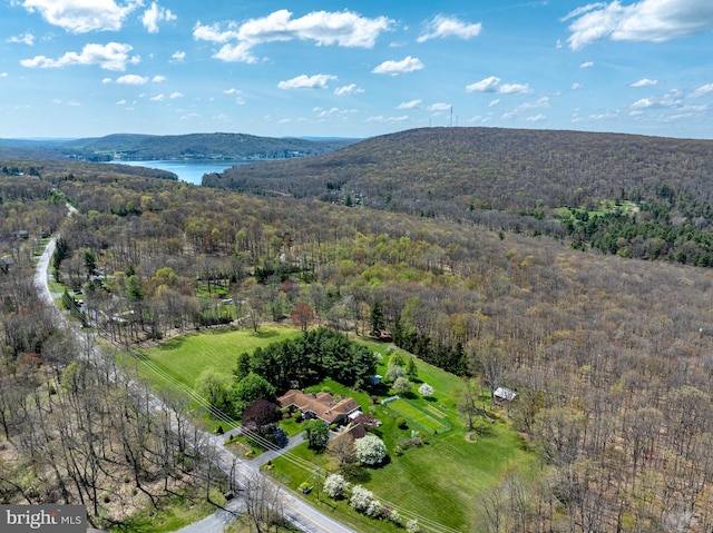 aerial view featuring a water and mountain view