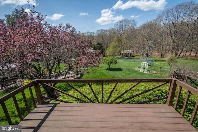 wooden terrace with a lawn