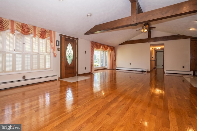 entrance foyer featuring vaulted ceiling with beams, ceiling fan, a baseboard heating unit, and light hardwood / wood-style floors