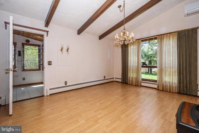 empty room with light hardwood / wood-style floors, a baseboard radiator, an AC wall unit, and lofted ceiling with beams