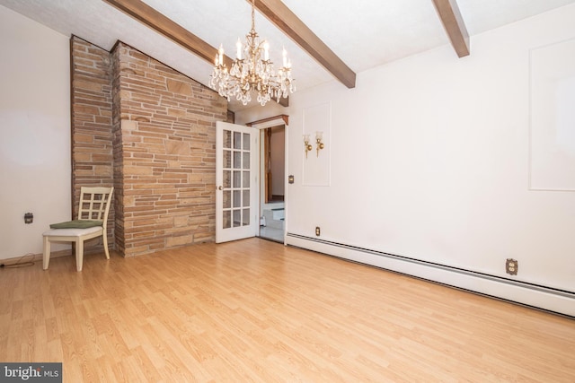 interior space featuring light hardwood / wood-style floors, baseboard heating, lofted ceiling with beams, and a chandelier