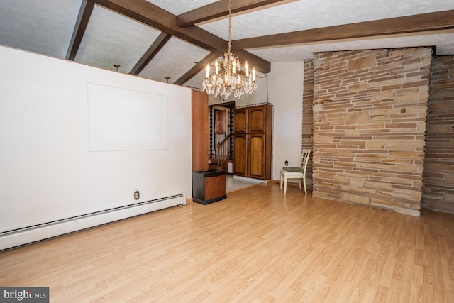 interior space with light hardwood / wood-style floors, a baseboard radiator, vaulted ceiling with beams, and a chandelier